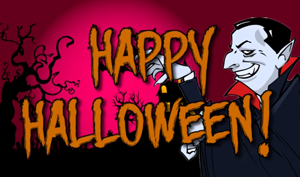 Vampire with the text Happy Halloween.