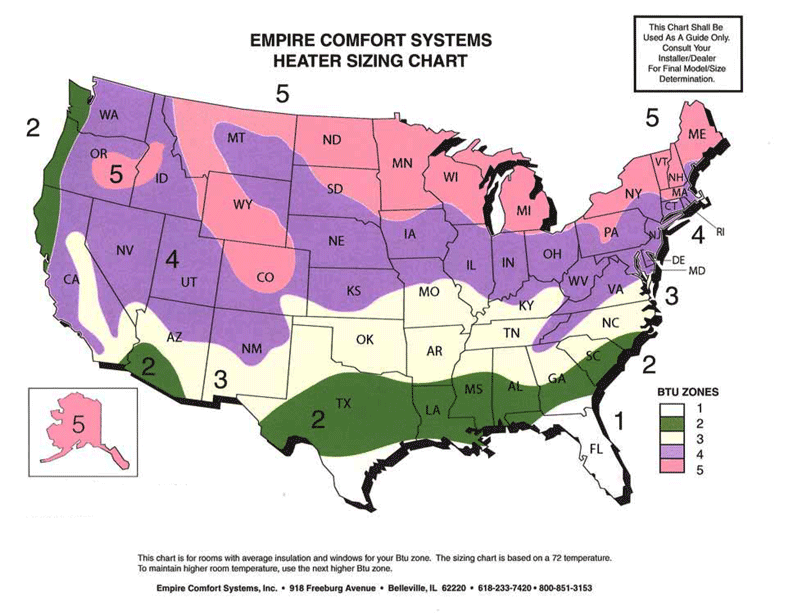 Chart of the United States showing sizing chart by region.