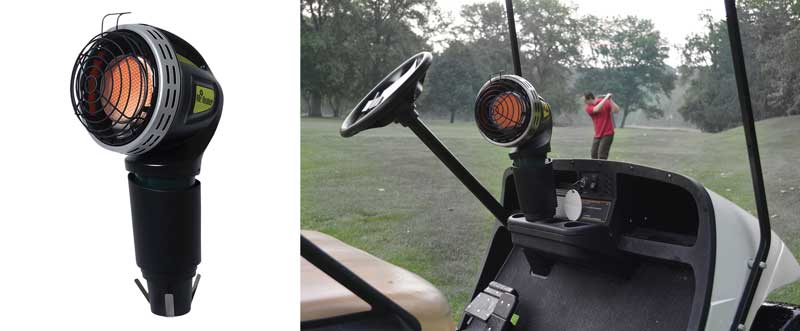 Golf cart heater in use on a golf cart.
