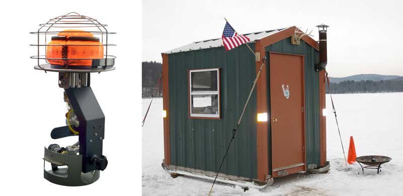 Tank Top heater and an ice fishing shack.