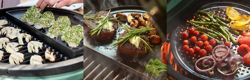 Onion and fish, steak, and vegetables being grilled.