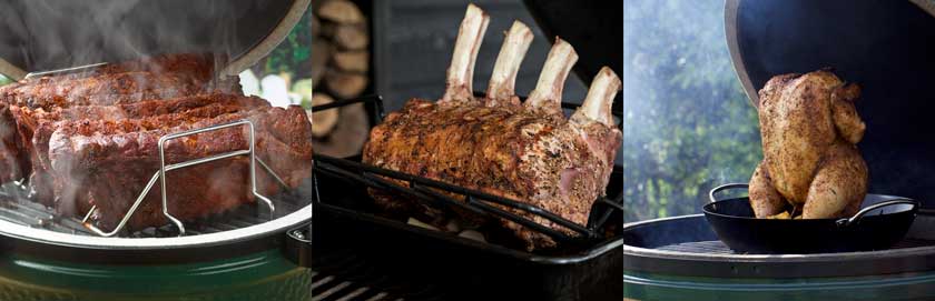 Ribs, lamb, and a whole chicken being smoked.