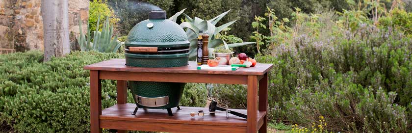 Big Green Egg in use in a backyard.